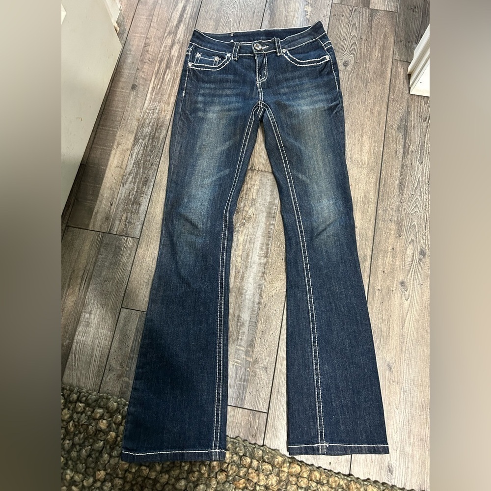 Denim Couture Bling pockets White Stitching Women's dark wash Bootcut Jeans